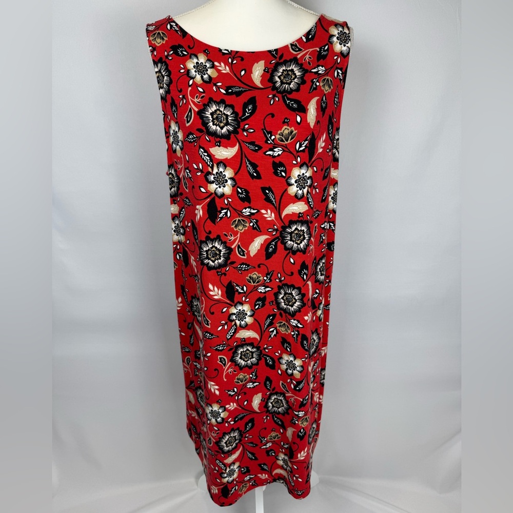 J. Jill Jersey Shift A-Line Dress Sleeveless Boatneck Red & Black Floral Sz XL - Picture 1 of 8